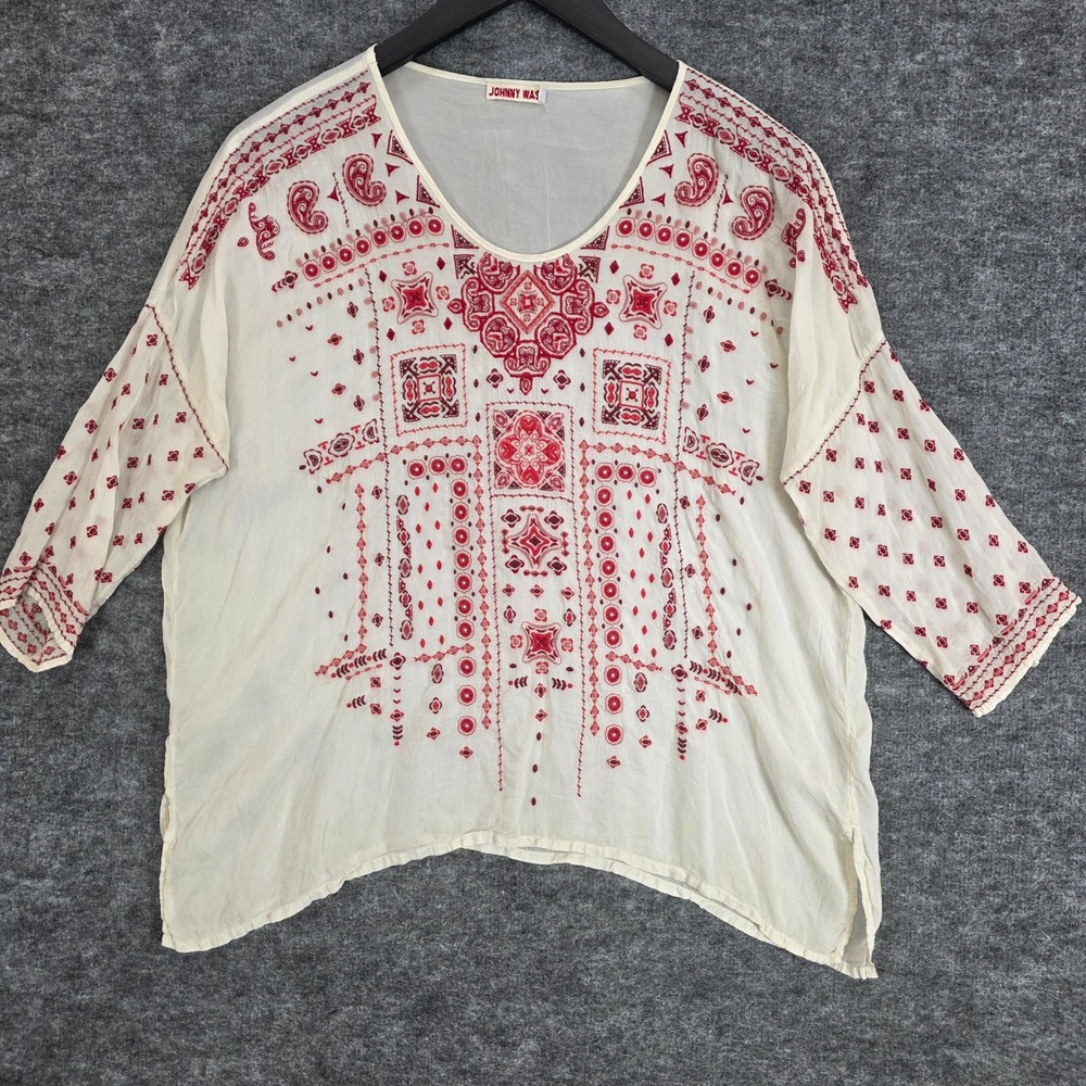Johnny Was Tunic Top Small Cream Red‎ Rayon Embroidered Boho Peasant 3/4 Sleeve